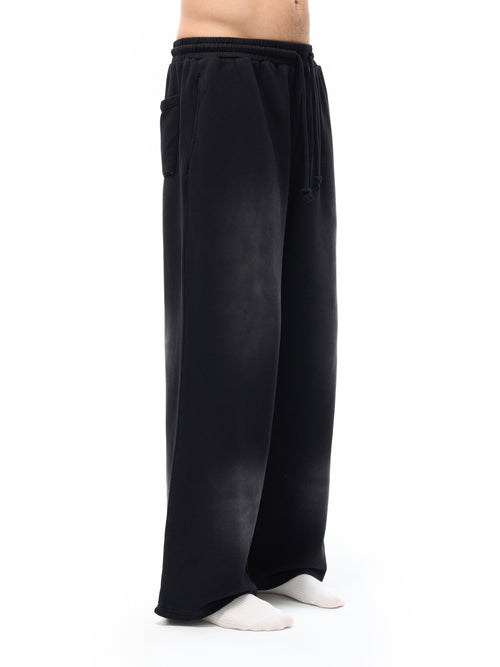 Black wide-leg pants worn by a person on a white background